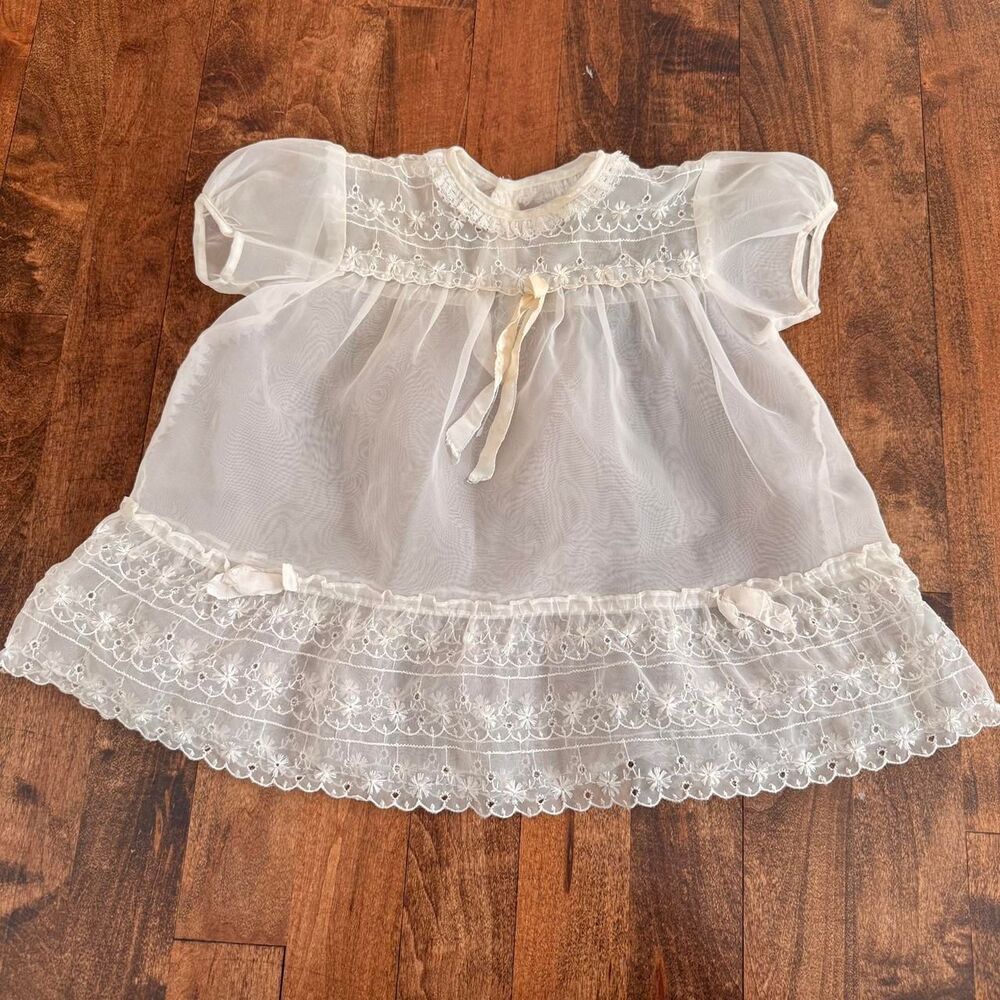 Vintage Baby Girl Sheer Dress with Lace and Bow Details